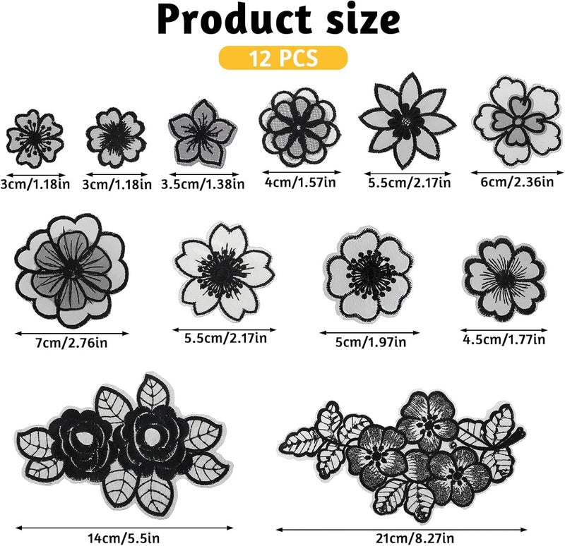 Jeffdad 12 Pcs Flower Lace Embroidered Applique 3D Floral Sew On Patches, for Dress Jeans Sweater Hats Bags Clothes Repairing Decorating Wedding Dress DIY Sewing Craft(Black) - Image 2